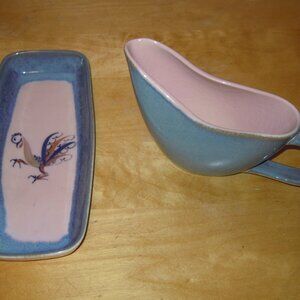 Vintage Pottery Porcelain Rooster Chicken Ortega California Gravy Boat Pink Gray